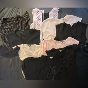 12 blouses. All size Small except for one.  Mostly Express.